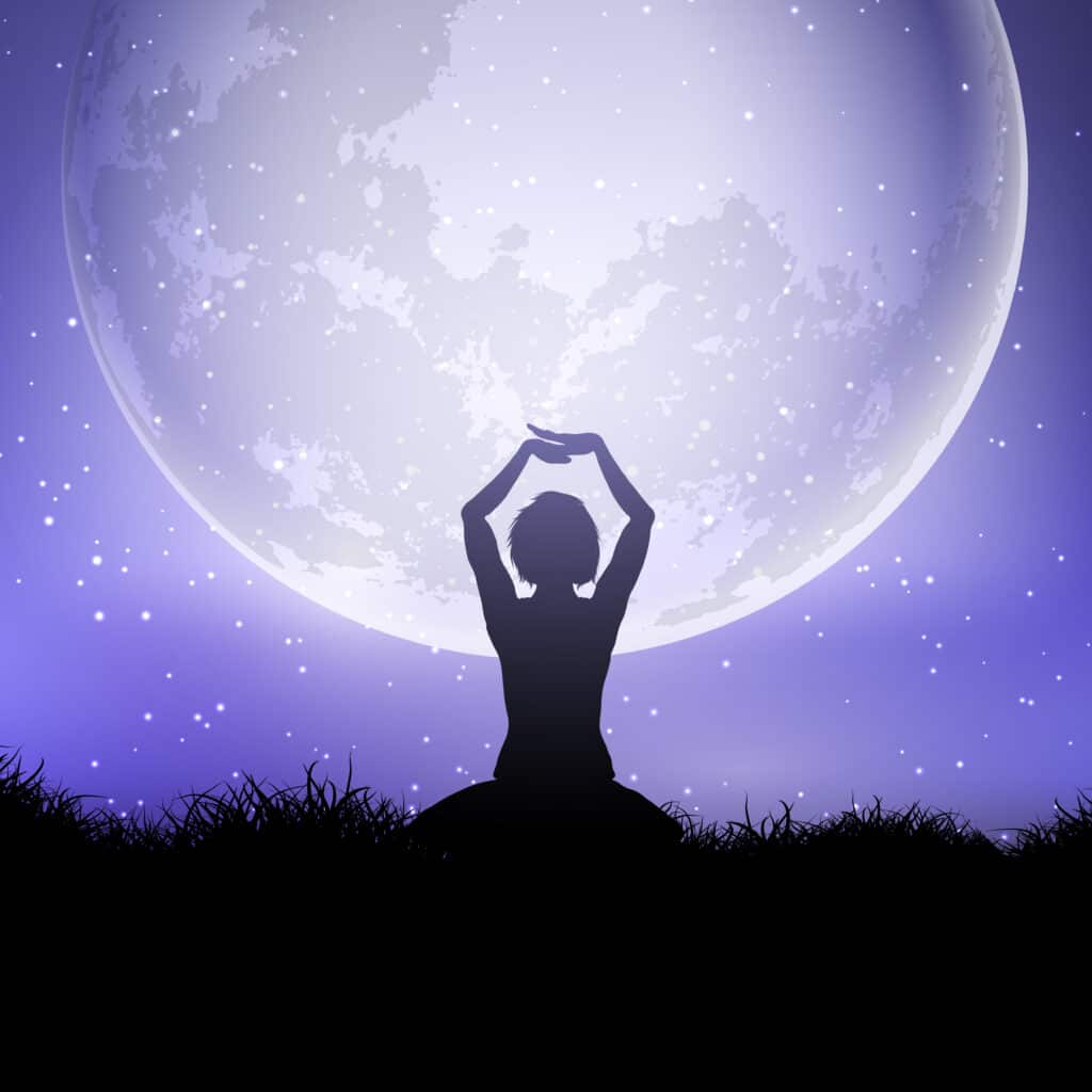 Illustration d'une femme en posture de Yoga devant une pleine lune