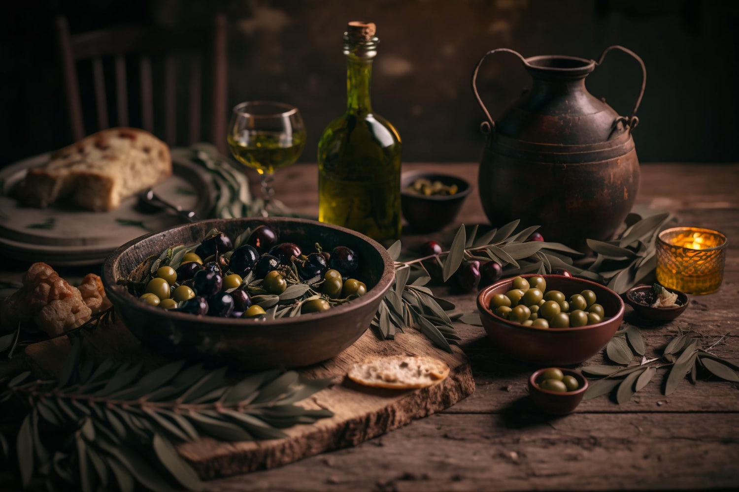 des olives et des flacons d'huile d'olive sur une table