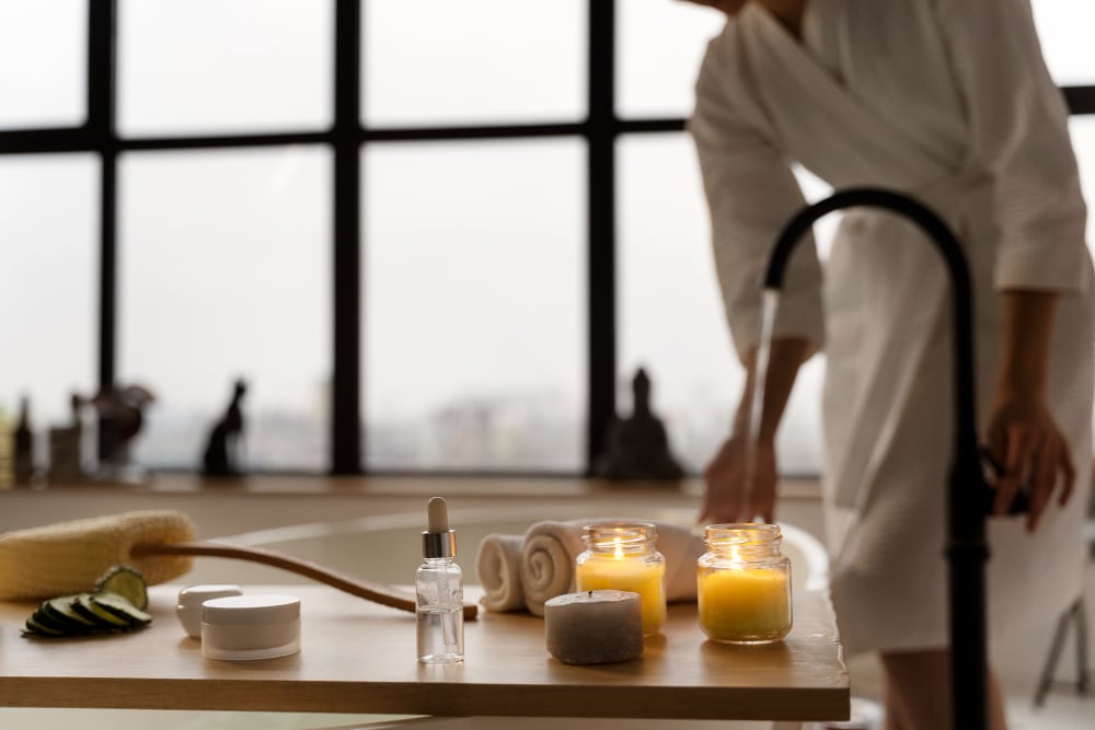 des bougies, de l'huile essentielle, des serviettes posées sur le bord d'une baignoire avec une femme en peignoir debout devant une baie vitrée en arrière plan