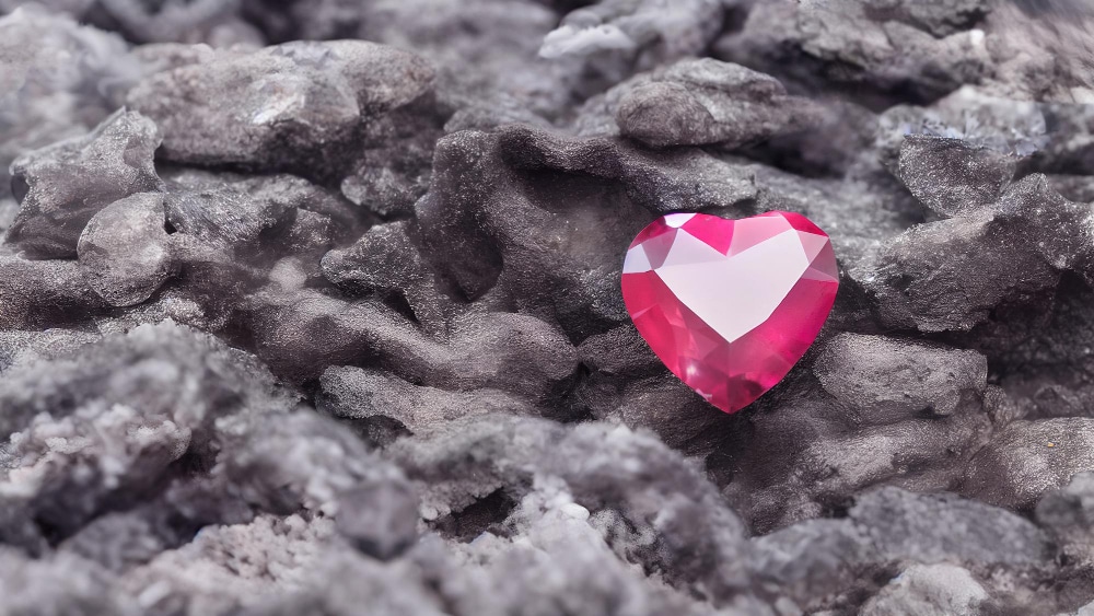 une pierre rouge en forme de cœur posée sur des rochers gris